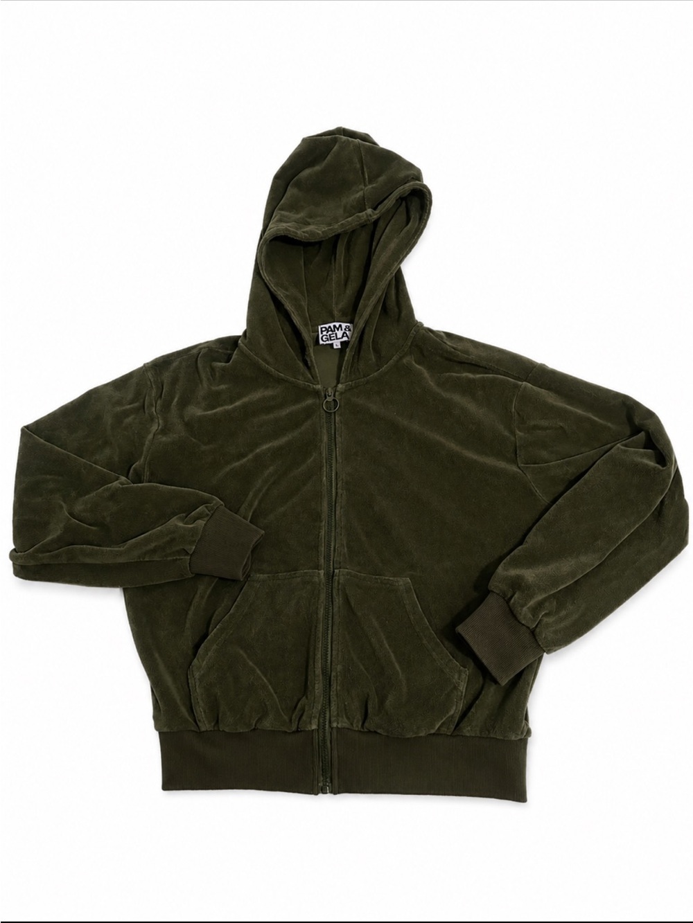 Pam & Gela Olive Green Matching Set Terry Cloth Jacket and Shorts Size Small - Picture 2 of 11